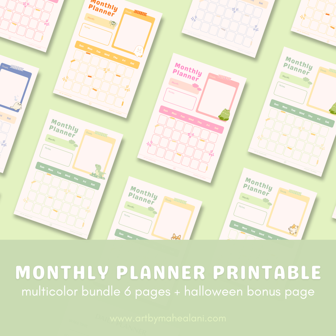 Monthly Planner Cute Printable Digital Download - Multicolor Bundle 6 pages + 1 bonus