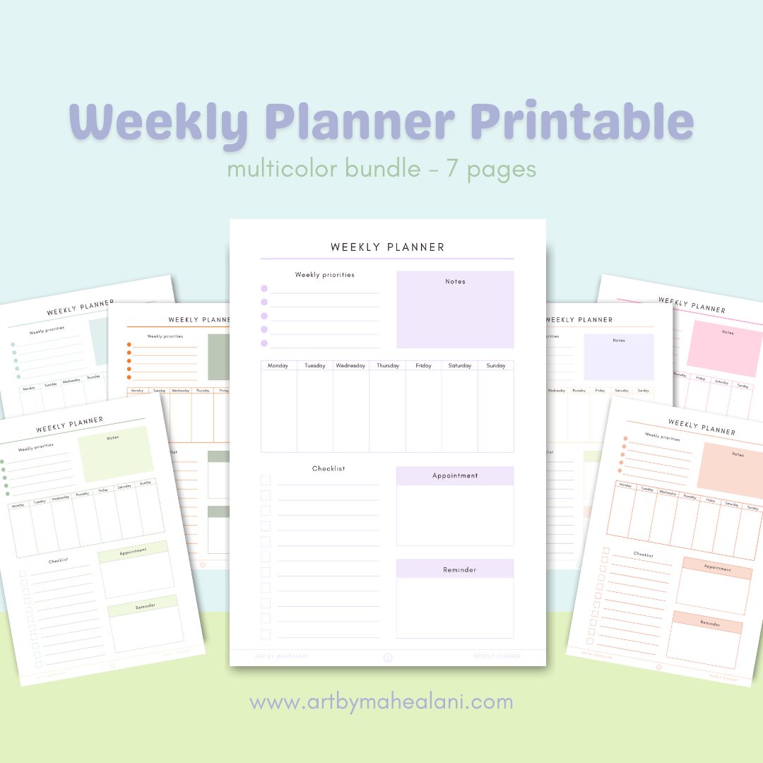 Weekly Planner Simple Color Printable Digital Download - Multicolor Bundle - 7 pages